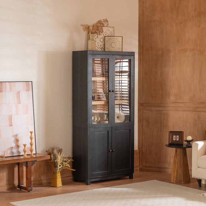 Giga black mid-century modern accent cabinet with glass doors for displaying collectibles, tall and stylish for home decor.