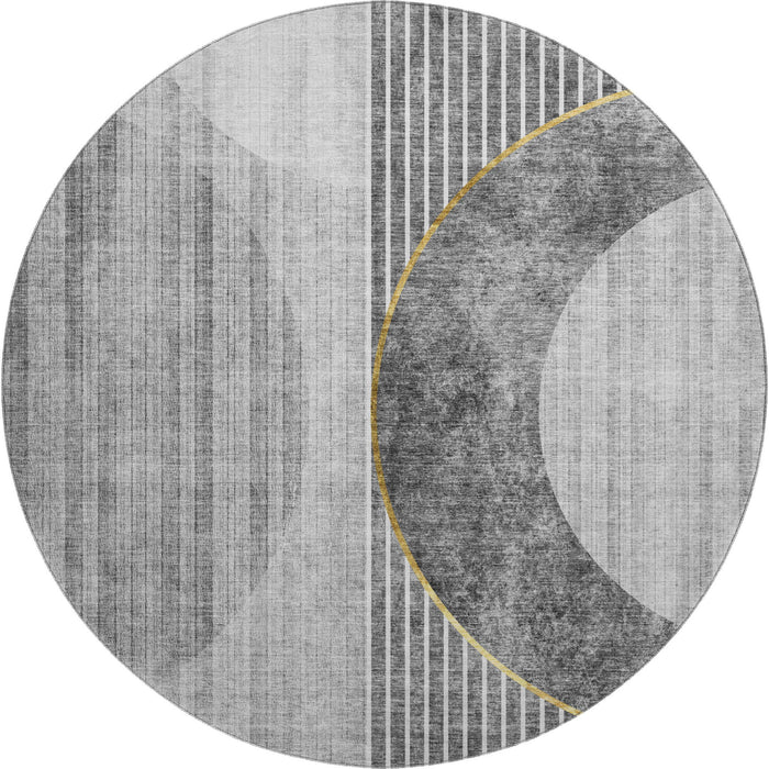 8' Geometric Washable Round Rug With UV Protection (655737) - Charcoal / Gold / Silver
