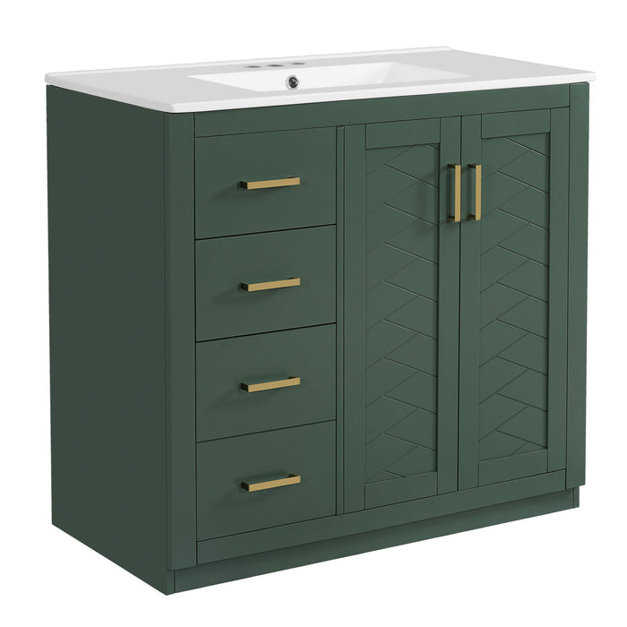 Giga bathroom vanity with sink, storage cabinet, three drawers, soft-closing doors, freestanding design in a modern bathroom setting