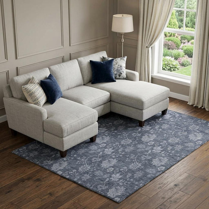 10' X 14' Floral Washable Area Rug With UV Protection (655914) - Blue / Ivory