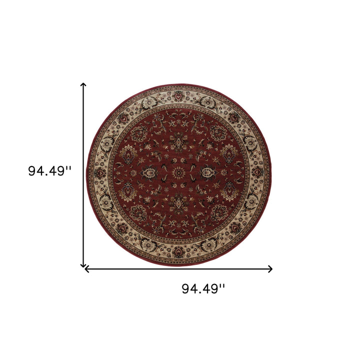 8' Traditional Oriental Round Rug - Red And Ivory