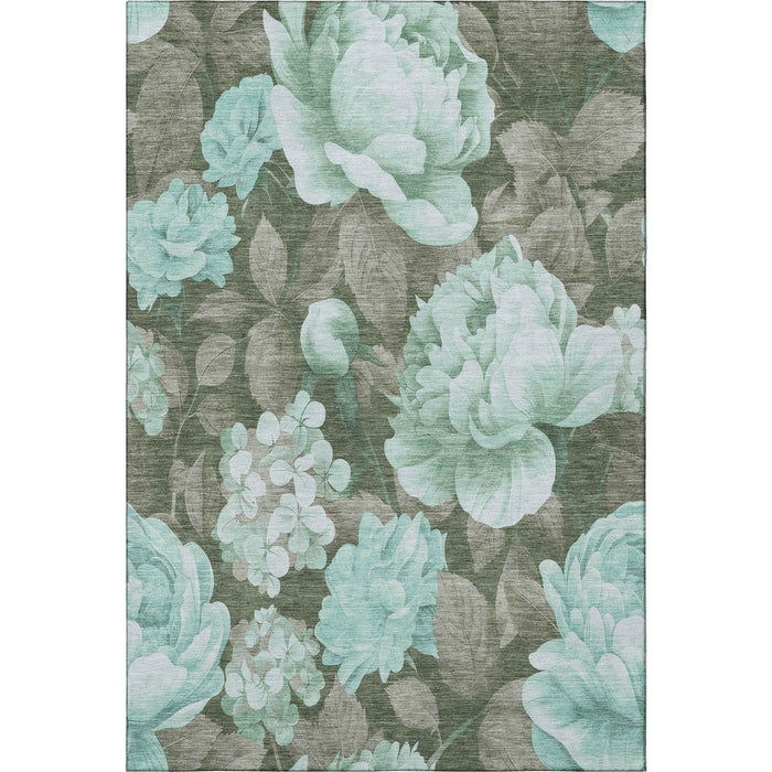 10' X 14' Floral Washable Area Rug With UV Protection (694454) - Pale Aqua / Brown