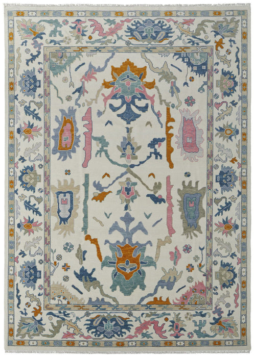 8' x 10' Wool Floral Hand Knotted Area Rug With Fringe - Blue Ivory And Pink