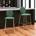 Set of two green velvet and gold steel bar height chairs by HomeRoots, featuring modern design and sturdy construction.
