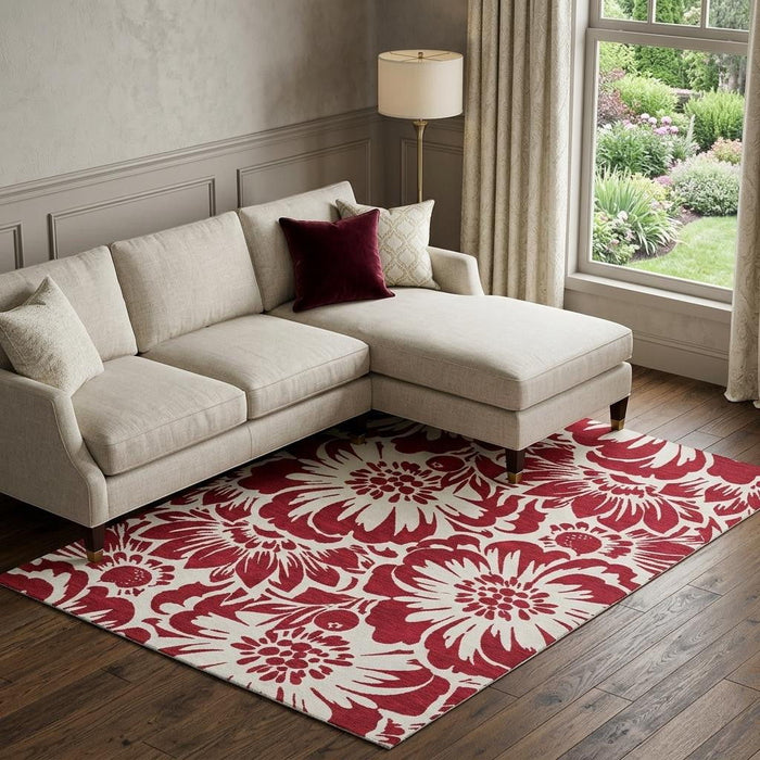 8' X 10' Floral Washable Area Rug With UV Protection (648632) - Burgundy / Ivory