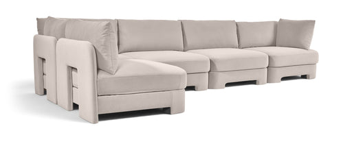 Meridian Furniture Hammond velvet performance fabric L-shaped sectional with five upholstered stationary sections, modern living room furniture