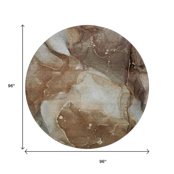 8' Abstract Washable Round Rug With UV Protection (647359) - Brown / Ivory / Gray
