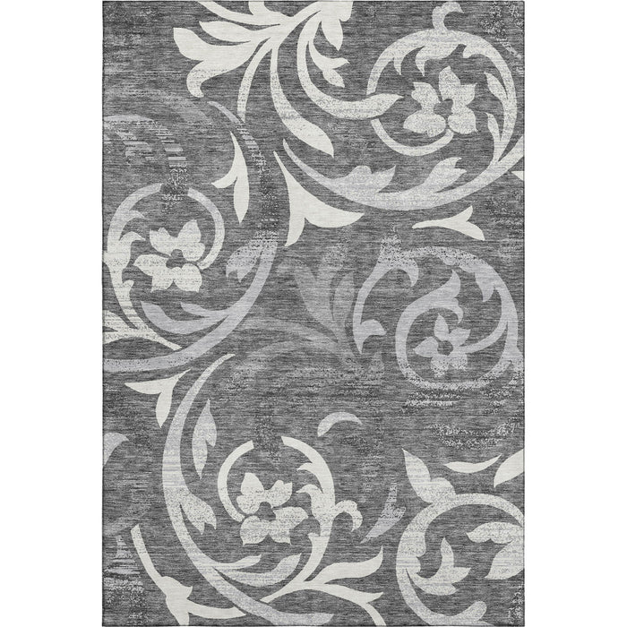 10' X 14' Floral Washable Area Rug With UV Protection - Charcoal