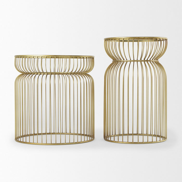 Tempered Glass Metal Wire Round Drum End Tables (Set of 2) - Clear / Gold