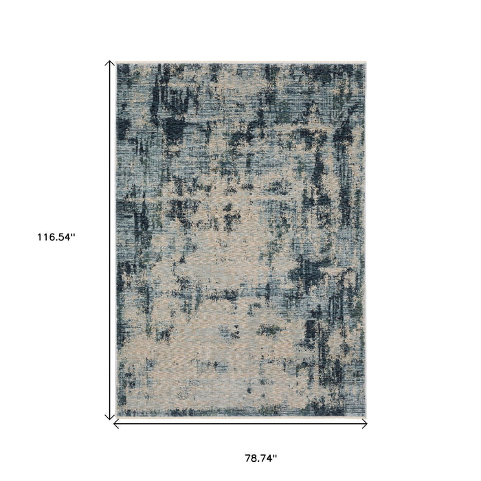 7' X 10' Abstract Distressed Area Rug With Fringe - Beige / Blue