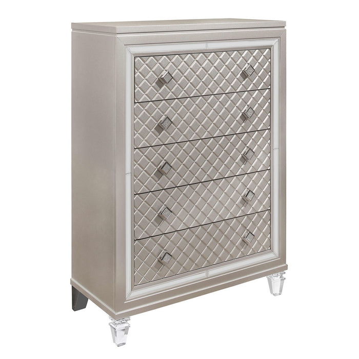 Champagne accent chest with tapered acrylic legs and five drawers, stylish HomeRoots storage furniture for living room or bedroom.