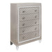 Champagne accent chest with tapered acrylic legs and five drawers, stylish HomeRoots storage furniture for living room or bedroom.