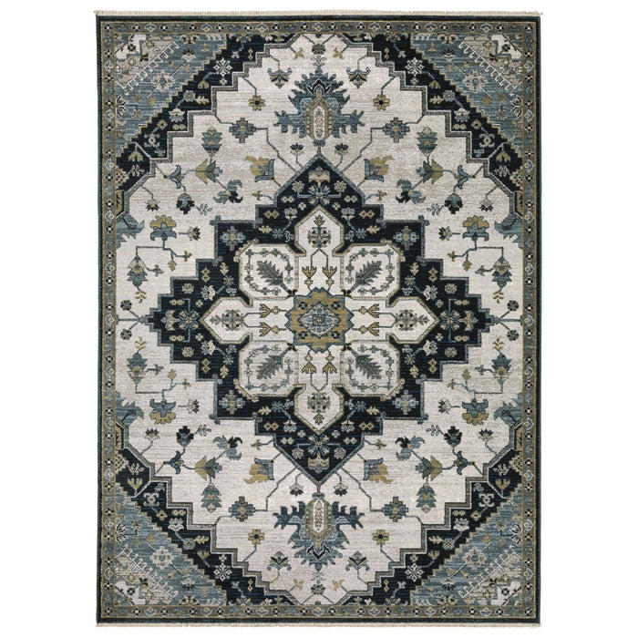8' X 11' Medallion Area Rug With Fringe (575098) - Blue / Gray / Ivory