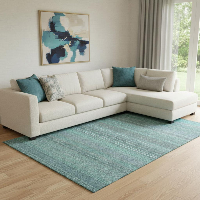10' X 14' Striped Washable Area Rug With UV Protection (647560) - Turquoise / Ivory