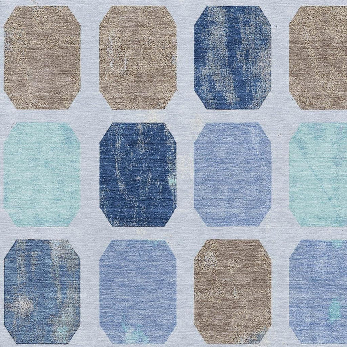 10' X 14' Geometric Washable Area Rug With UV Protection (709198) - Denim Blue / Brown / Teal