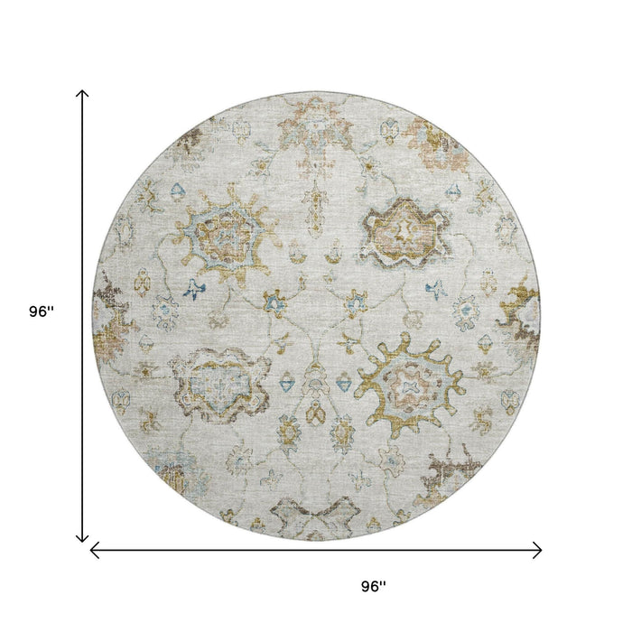 8' Floral Medallion Distressed Washable Round Rug With UV Protection (644619) - Linen / Blue / Coffee