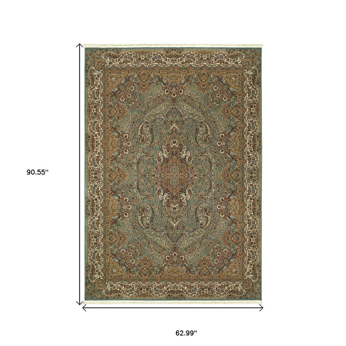 5' X 8' Medallion Area Rug With Fringe - Blue And Gold