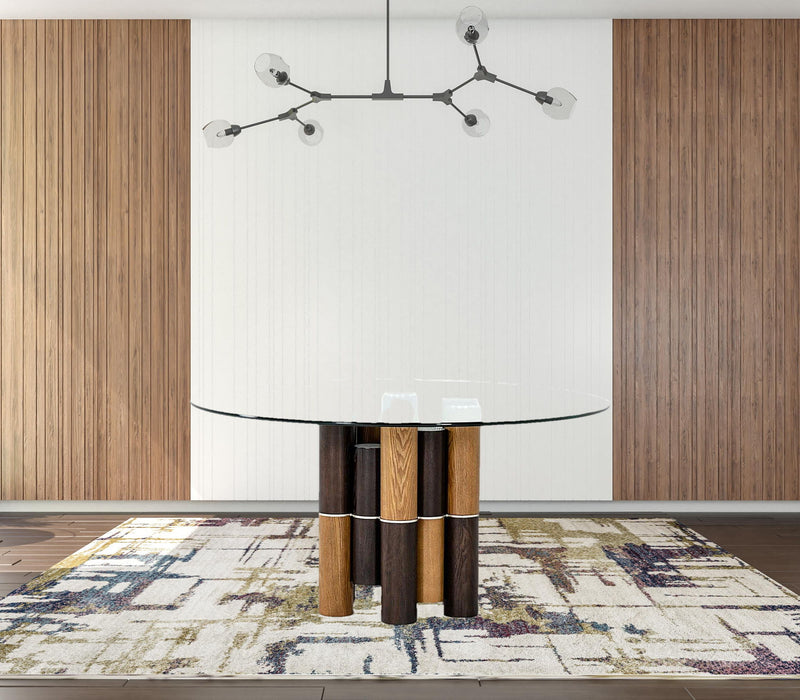 Glass Wood Pedestal Base Round Top Dining Table - Clear / Brown