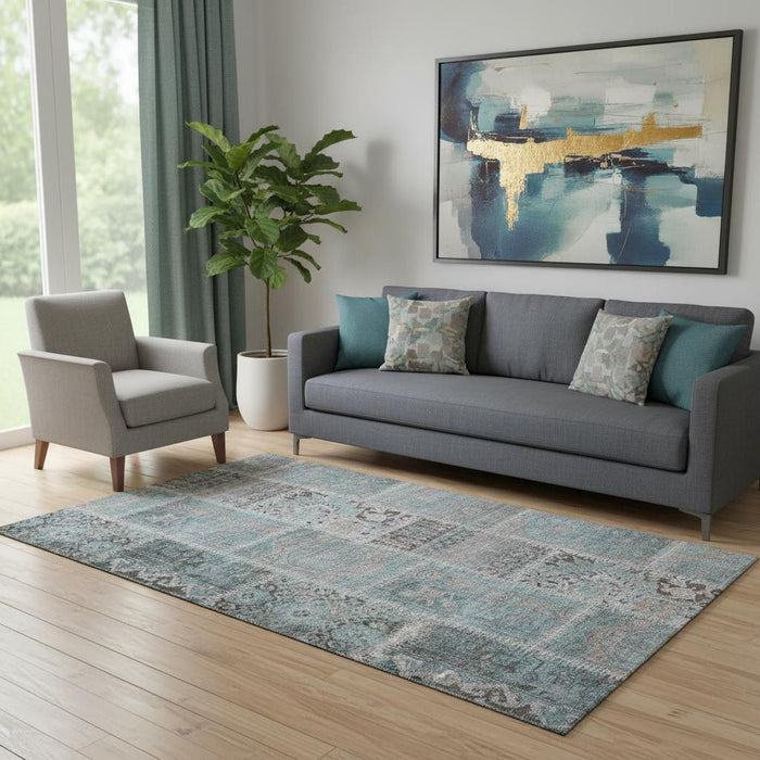5' X 8' Patchwork Washable Area Rug With UV Protection (653256) - Teal / Beige