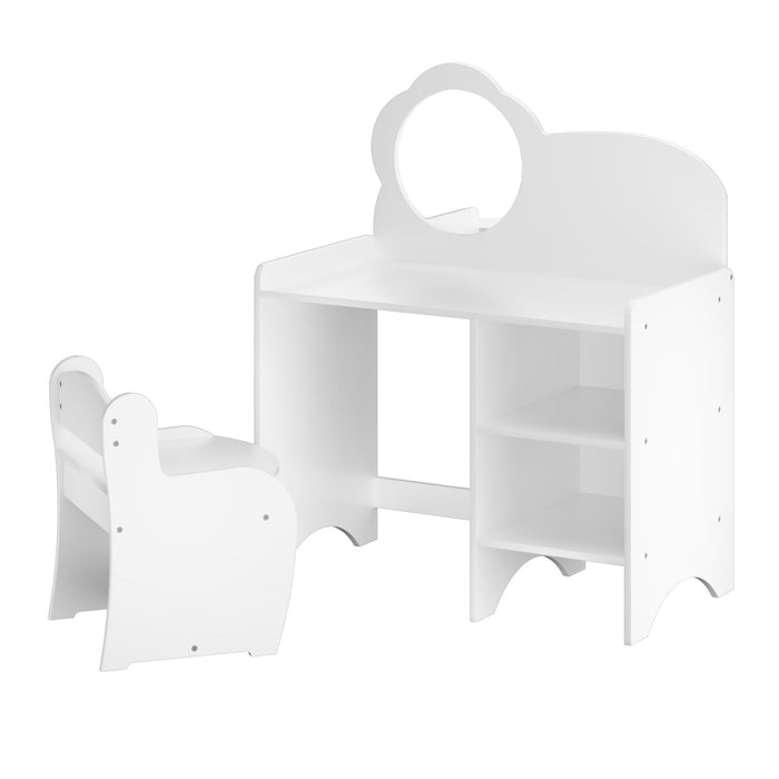 Kids vanity table with mirror, chair, and storage shelves in white, part of Giga's dressing makeup desk vanity set.