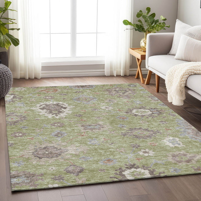 10' X 14' Floral Medallion Washable Area Rug With UV Protection - Artichoke Green