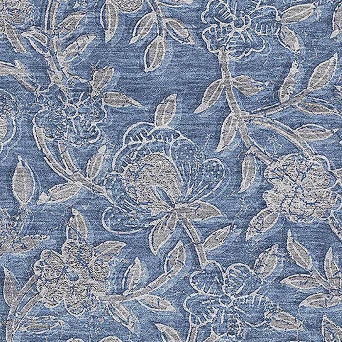 8' X 10' Floral Washable Area Rug With UV Protection - Denim Blue And Taupe