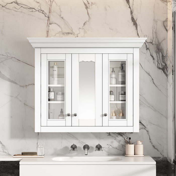 White wall-mounted Giga bathroom medicine cabinet with mirror and five adjustable closed shelves.