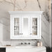 White wall-mounted Giga bathroom medicine cabinet with mirror and five adjustable closed shelves.