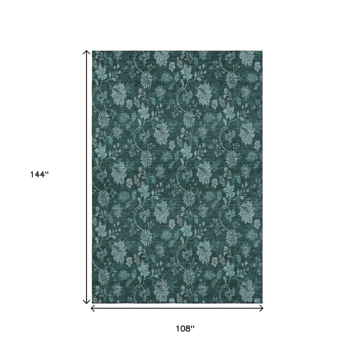 9' X 12' Floral Washable Area Rug With UV Protection (655943) - Teal / Ivory