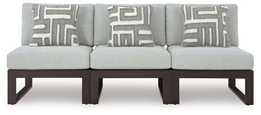 Black and gray outdoor sectional from Signature Design by Ashley, 3-piece Beachloft stationary sectional with cushioned seating.