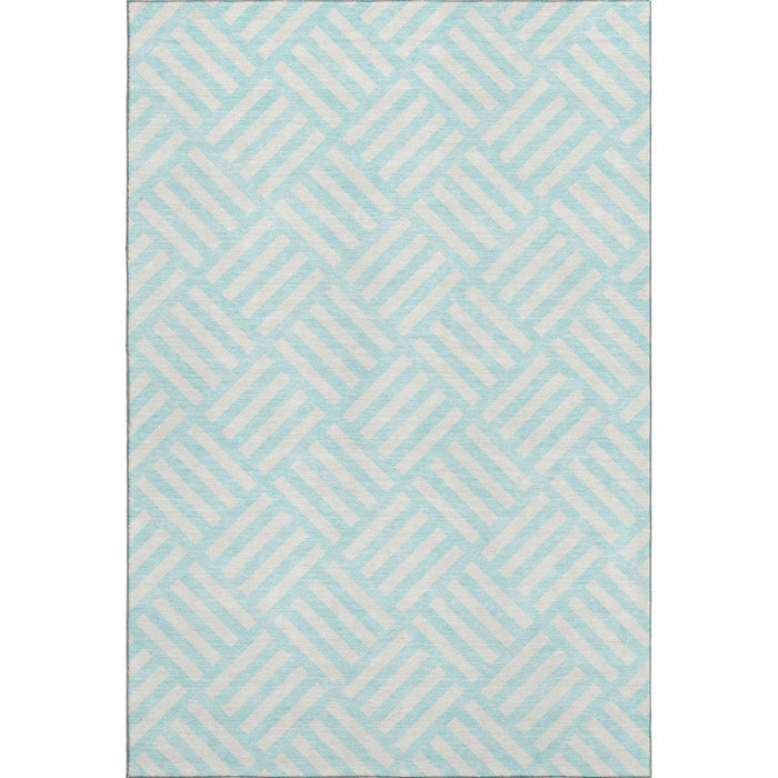 10' X 14' Geometric Washable Area Rug With UV Protection (652323) - Aqua / Ivory