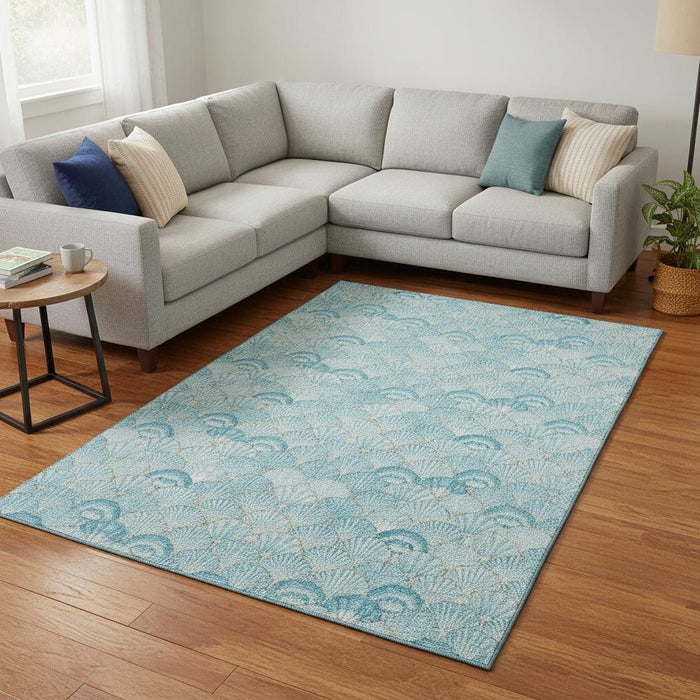 10' X 14' Geometric Washable Area Rug With UV Protection (645726) - Aqua / Ivory