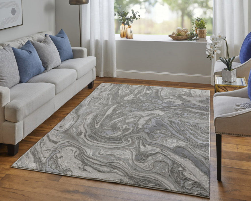 8' x 11' Abstract Stain Resistant Area Rug - Gray Ivory And Silver