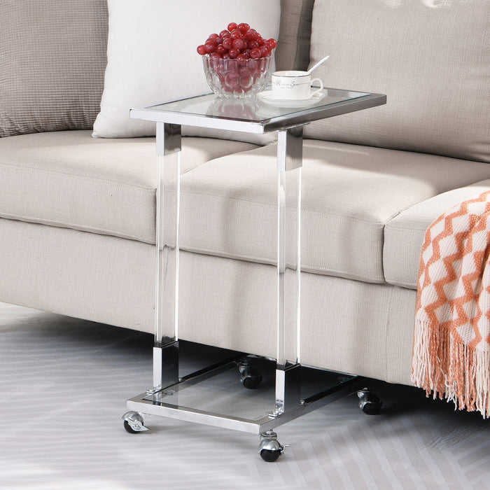 Giga glass top C-shape side table with metal base, square design, ideal for living room, bedroom, balcony, or office use.