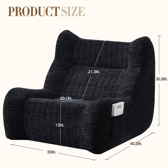 Giga oversized black bean bag chair with armrests, plush lounge sofa for living room relaxation and casual seating.