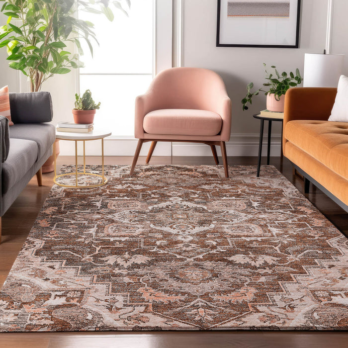 10' X 14' Floral Medallion Washable Area Rug With UV Protection - Terra Cotta
