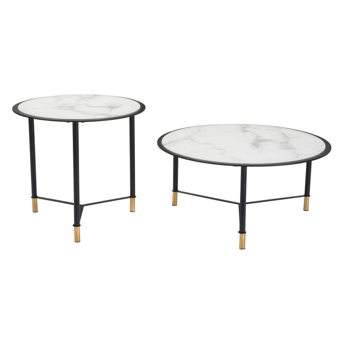 Glass Faux Marble And Steel Round Bunching Coffee Tables (Set of 2) - White And Black