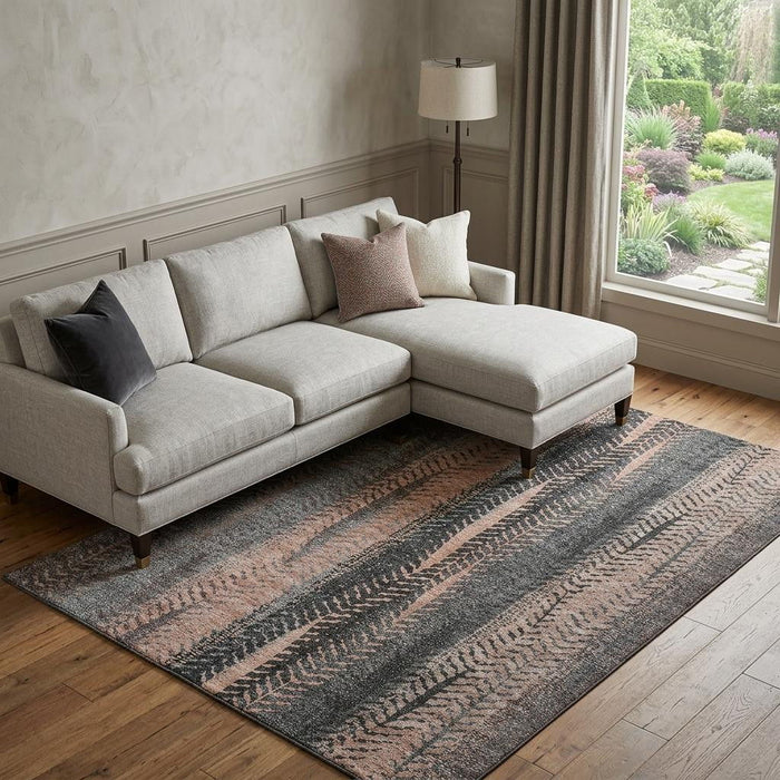 10' X 14' Striped Washable Area Rug With UV Protection (656501) - Terra Cotta / Gray