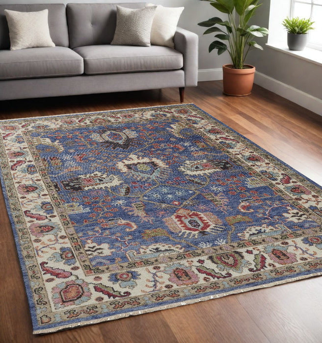 5' x 8' Wool Floral Hand Knotted Stain Resistant Area Rug - Blue And Red