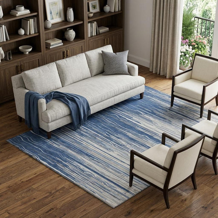 10' X 14' Striped Washable Area Rug With UV Protection (678395) - Navy Blue / Ivory / Gray