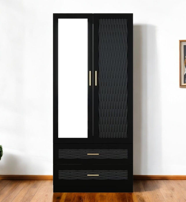 71" Carved Geometric And Mirro Two Door Two Drawer Combo Dresser - Black