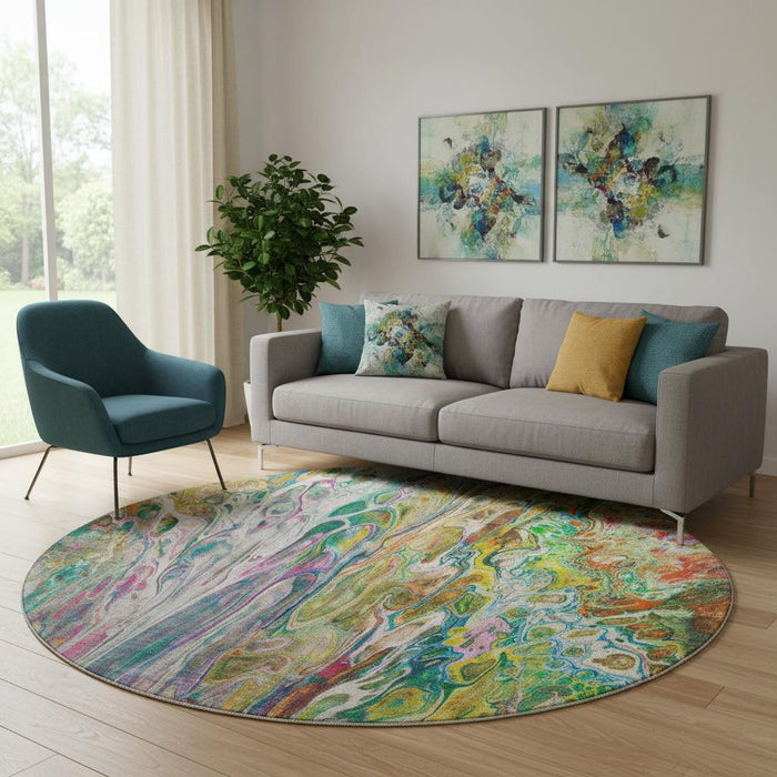 8' Abstract Washable Round Rug With UV Protection (650935) - Green / Gold / Teal