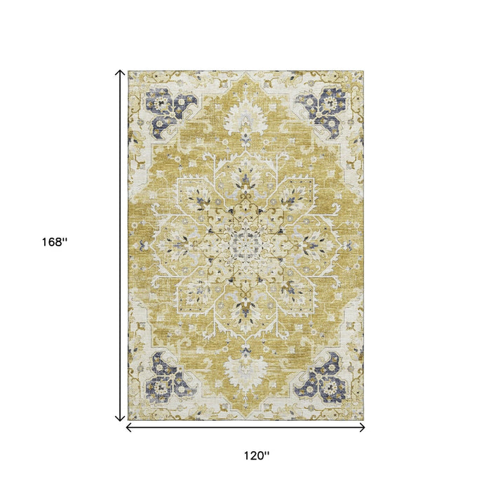 10' X 14' Floral Medallion Distressed Washable Area Rug With UV Protection (644538) - Gold / Ivory / Blue
