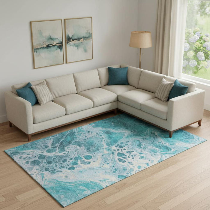 10' X 14' Abstract Washable Area Rug With UV Protection (697758) - Teal / Ivory