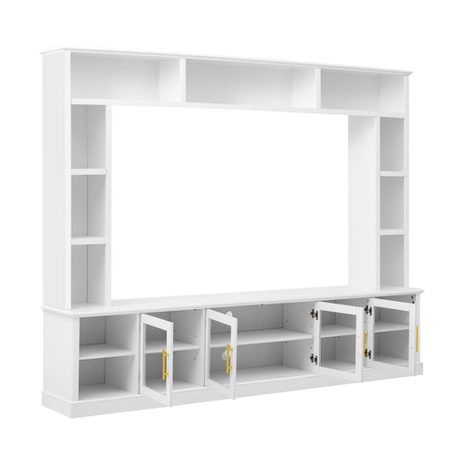 Giga all-in-one entertainment center with bookshelves, tempered glass doors, TV console for living room organization and style.
