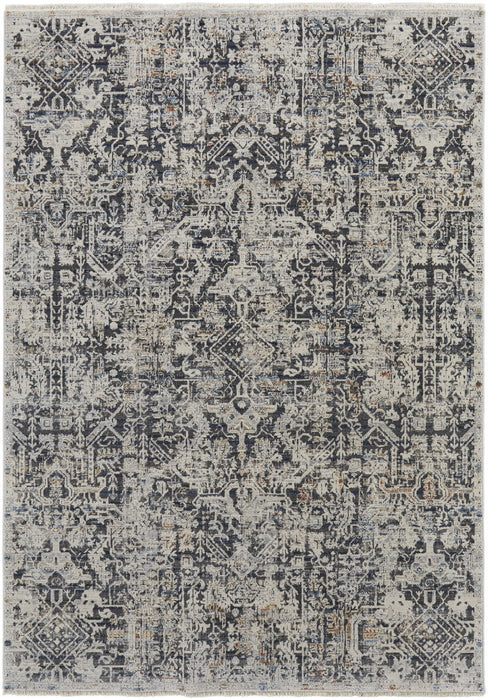 12' x 15' Abstract Power Loom Distressed Area Rug With Fringe - Ivory Gray And Taupe