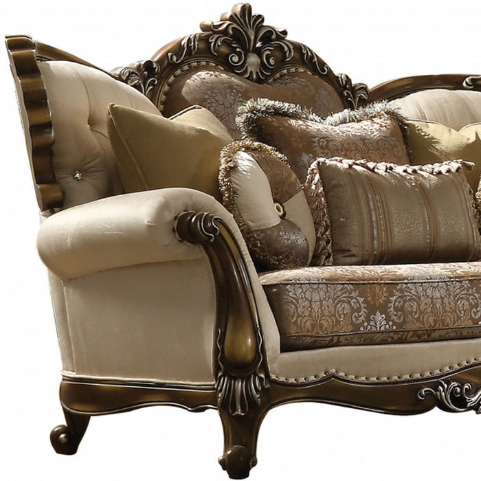 74" Velvet Damask Curved Loveseat And Toss Pillows - Tan And Brown
