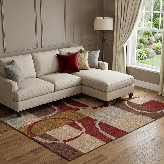 10' X 14' Geometric Washable Area Rug With UV Protection (675102) - Wheat / Burgundy / Gray