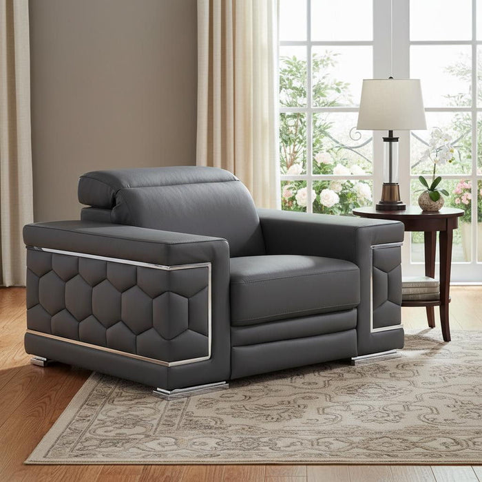 Genuine Leather Lounge Chair - Granite Gray And Silver