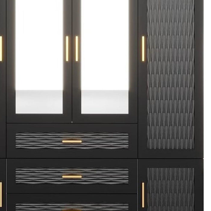HomeRoots 71-inch carved geometric gold and gray wardrobe with six doors and three drawers, showcasing intricate details and modern design.